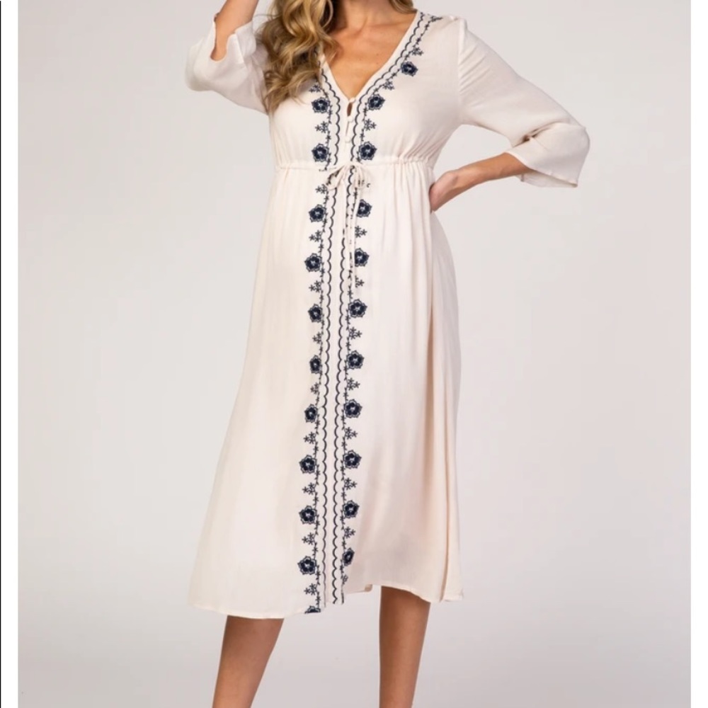 Beige Floral Embroidered Maternity Midi Dress